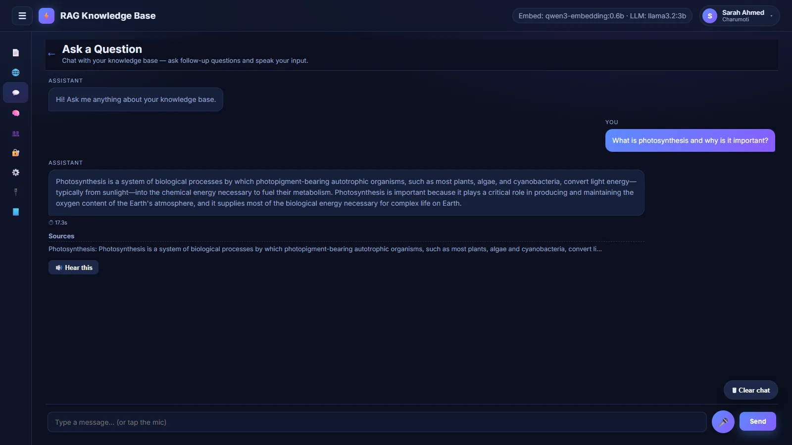 The Ask page answering a question with a cited, grounded response